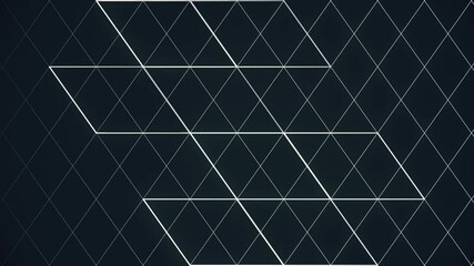 Fototapete - Digital seamless loop animation of the transformation of the contours of white rectangles arranged on a background of thin luminous lines forming a grid of rhombuses. 3d rendering 4K