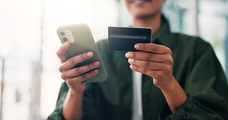 Aufkleber - Hands, person or credit card with phone in home for online shopping, digital payment and banking app. Ecommerce, closeup and fintech account on smartphone for website transaction or discount purchase