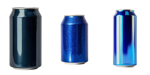 Poster - Minimalist mockup of three blue beverage cans showcasing different designs and textures for modern packaging concepts