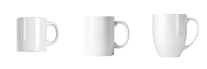 Leinwandbilder - Minimalist mockups showcasing three different styles of white ceramic mugs on a clean, neutral background
