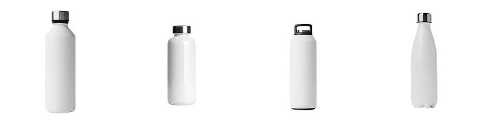 Leinwandbilder - Minimalist mockups of reusable water bottles arranged in a clean, isolated setting with a focus on design and sustainability