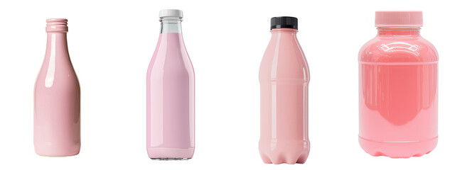 Poster - Minimalist mockups of various pink beverage bottles showcasing modern design and aesthetic appeal in a clean setting