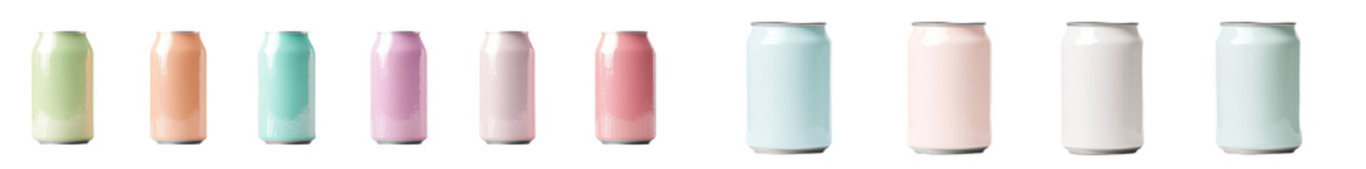 Leinwandbilder - Isolated minimalist mockups featuring colorful beverage cans in soft pastel shades arranged in a sleek design