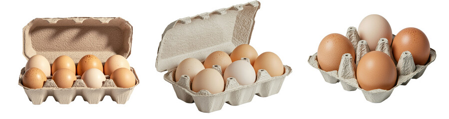 Poster - Isolated minimalist mockups showcasing various egg carton designs filled with fresh eggs in neutral tones