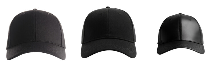 Leinwandbilder - Minimalist black cap mockups showcasing different angles and textures in a clean, isolated setting for design purposes