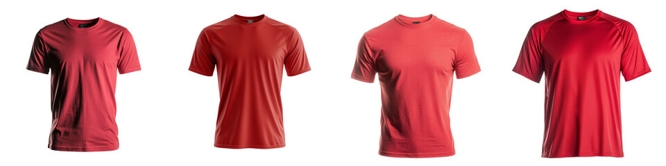 Poster - Minimalist mockups showcasing four distinct styles of red t-shirts on a neutral background for versatile fashion presentations