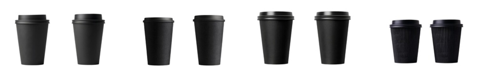Fototapete - Minimalist mockups of black disposable coffee cups arranged in a linear fashion for design presentation