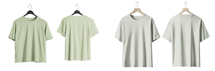 Poster - Minimalist mockups of casual t-shirts in various angles showcasing a soft green color and simple design