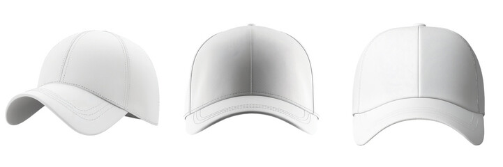 Poster - Minimalist isolated mockups of three white baseball caps in different angles showcasing versatile headwear design
