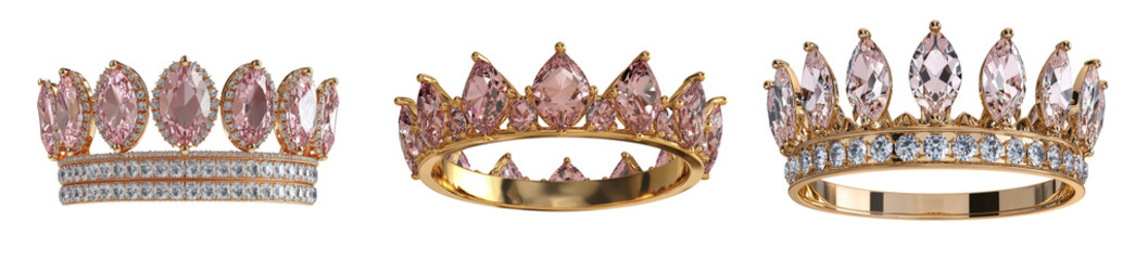 Poster - Elegant minimalist mockups displaying three distinct crown designs featuring pink gemstones and gold accents