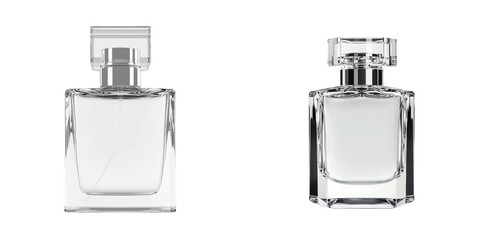 Poster - Minimalist mockups of clear glass perfume bottles in modern design showcasing elegance and simplicity