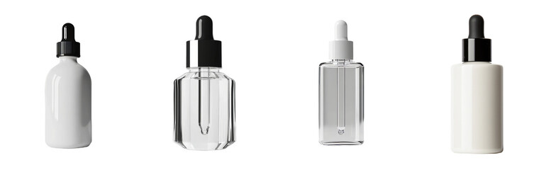 Poster - Minimalist product mockups featuring sleek dropper bottles in various designs and colors against a clean, isolated background