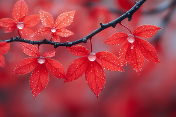 Wall Mural - Vibrant Red Autumn Leaves with Dew Drops - Nature's Tranquil Beauty for Seasonal Decor