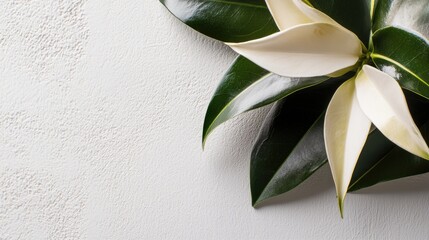 Wall Mural - Tropical leaves arrangement on textured white table, simple botanical still life for copy space background