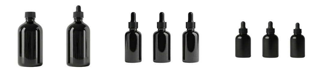 Aufkleber - Minimalist mockups of black dropper bottles showcasing clean design and versatile display options for aesthetic packaging