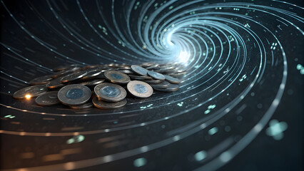 Wall Mural - Vortex Absorbing Coins and Glowing Data. Perfect for: Global Currency Crisis, Data Absorption Concepts