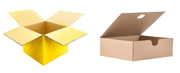 Poster - Minimalist mockups featuring an open yellow cardboard box and a brown shipping box