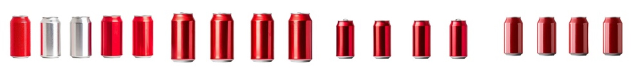 Poster - Minimalist display of various beverage cans in red and silver colors for product branding and packaging design inspiration