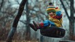 © Alethea - Colorfully dressed child sitting on a tire swing on a rainy day, enjoying a moment