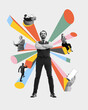 © master1305 - Creative collage. Confident businessman standing in center with connections to remote employees. Virtual teamwork, time management, and collaborative software. Concept of business, outsourcing