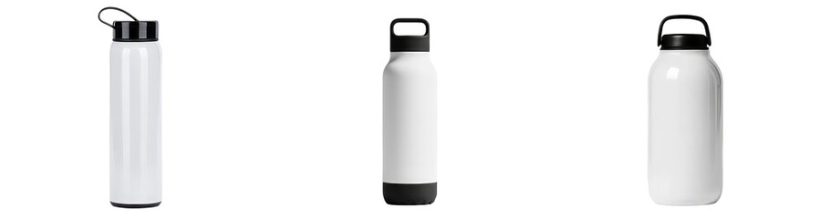 Leinwandbilder - Minimalist isolated mockups of sleek water bottles in different designs showcasing versatility and simplicity