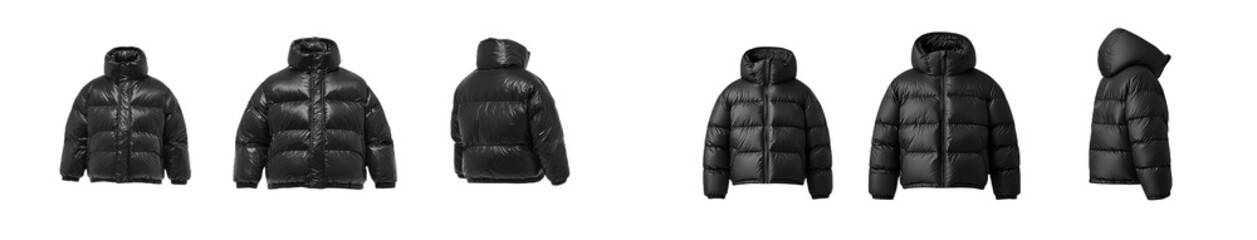 Poster - Isolated minimalist mockups of black puffer jackets showcasing various angles and details for a clean presentation
