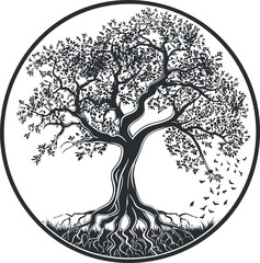 Monochrome circular tree illustration with detailed branches, leaves, and roots in black and white.