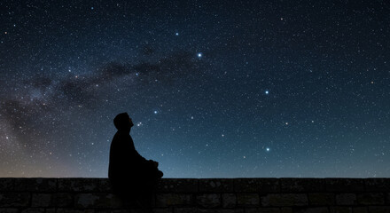 Wall Mural - stargazer's serenity - silhouetted figure sits on a wall, gazing at a breathtaking night sky filled 