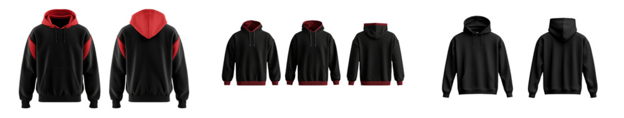 Aufkleber - Isolated minimalist mockups of black hoodies with red accents showcasing different angles and styles for fashion design concepts