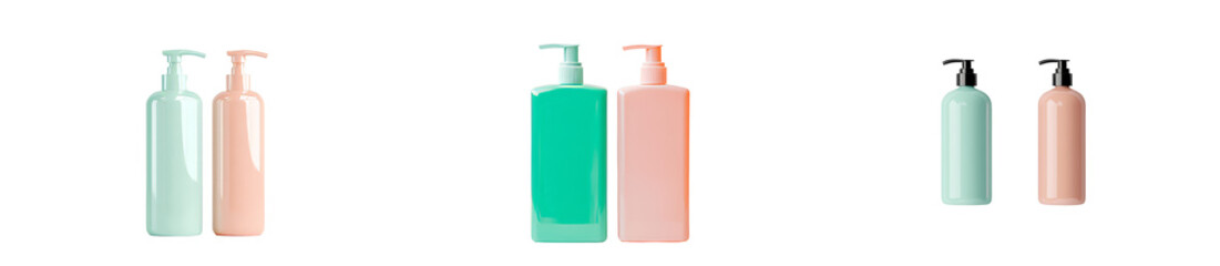 Poster - Elegant minimalist mockups of pump bottles in soft colors showcasing eco-friendly skincare products