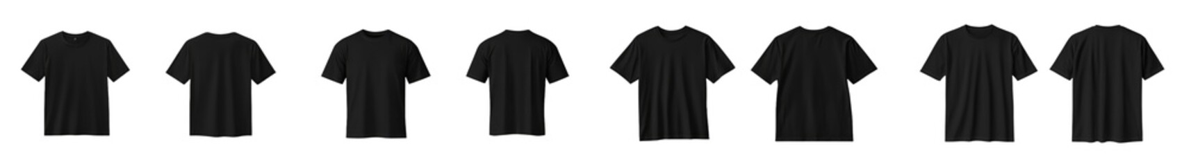 Poster - Stylish minimalist mockups showcasing various angles of black t-shirts on a clean white background