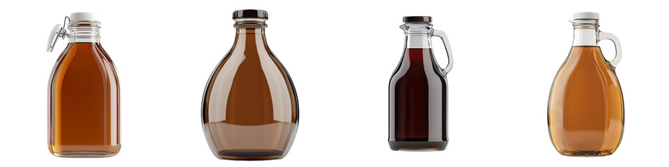 Leinwandbilder - Minimalist mockups featuring four unique glass bottles in various shapes and colors on a plain background