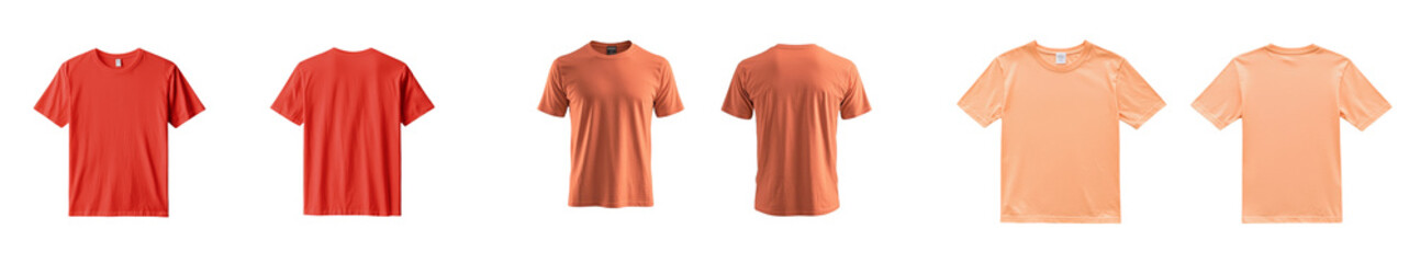 Leinwandbilder - Minimalist mockups showcasing various angles of t-shirts in vibrant red and orange colors