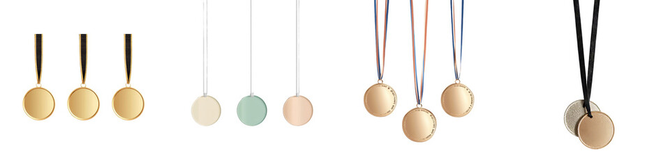 Poster - Minimalist mockups of isolated medals showcasing various colors and ribbon styles for design inspiration and presentation