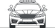 © vadymstock - Black and white outline illustration of a police car viewed from the front with sirens.