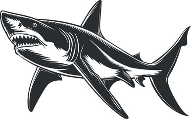 black and white shark illustration showcasing a fierce ocean predator in graphic design.