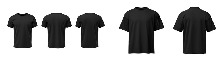 Aufkleber - Minimalist mockups of black t-shirts displayed from multiple angles for design showcase