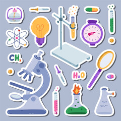 cute sticker set with cartoon chemistry, science and laboratory clipart for planners, notebooks. rea