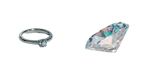 Poster - Elegant isolated minimalist mockup of a diamond ring and a large cut gemstone on a white background