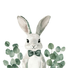 Poster - Creative design featuring a minimalist rabbit with greenery in a peaceful and artistic setting