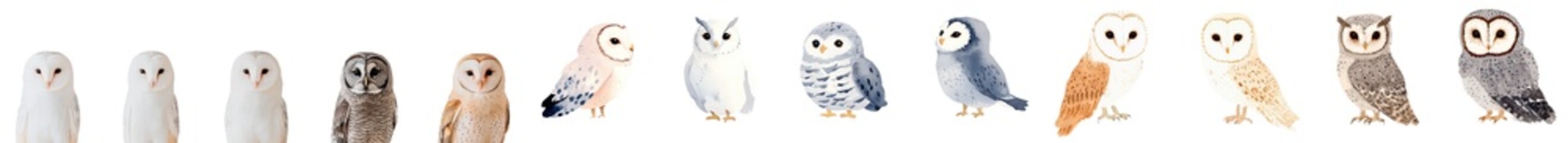 Poster - Minimalist collection of isolated owl mockups featuring various species in a clean and simple composition