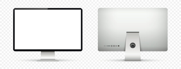 Realistic computer screen mockup. Computer display front and back view on transparent background