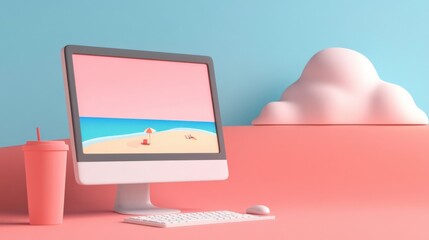 Wall Mural - Computer with beach scene wallpaper