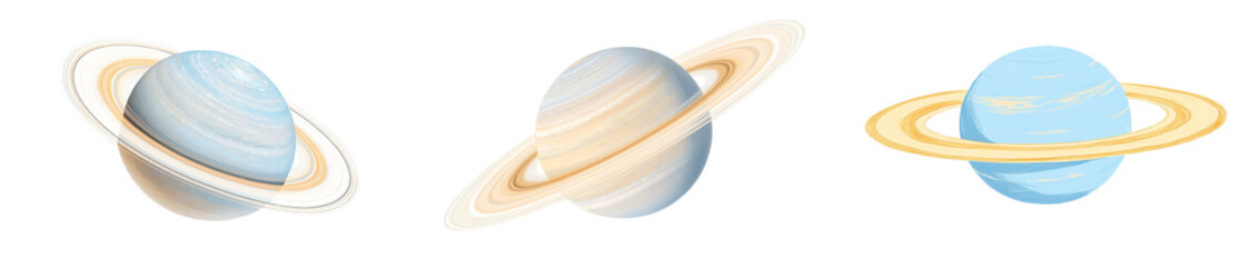 Poster - Minimalist mockups showcasing various planets with rings and textures in a neutral background