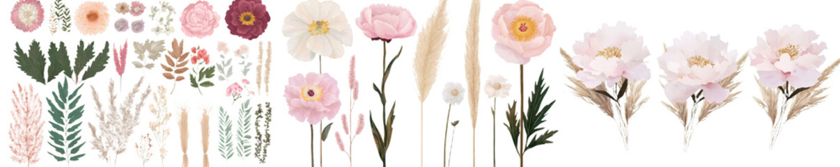 Poster - Colorful isolated minimalist mockups of flowers and leaves on a white background for design purposes