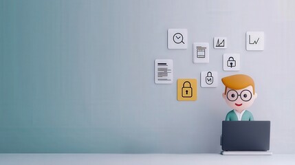 Wall Mural - security researchers risk assessment monitoring concept. a character with glasses working on a lapto