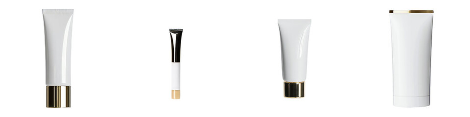 Poster - Minimalist mockups of cosmetic packaging with sleek white tubes and elegant gold accents showcasing product design and branding possibilities