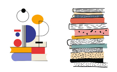 Aufkleber - Isolated minimalist mockups featuring colorful geometric shapes and stacked books for modern design inspiration