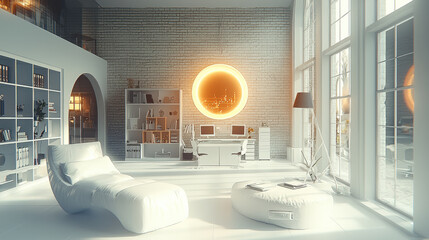 Poster - bright and airy modern interior featuring minimalist design with white chaise lounge, cozy pouf, and sleek desk setup. large windows allow natural light to flood space, creating serene atmosphere