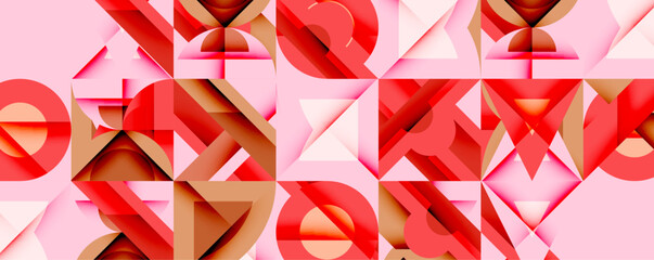 Aufkleber - Abstract geometric pattern. Red, brown shapes overlap pale pink background. Triangles, circles create dynamic composition. Modern design element.